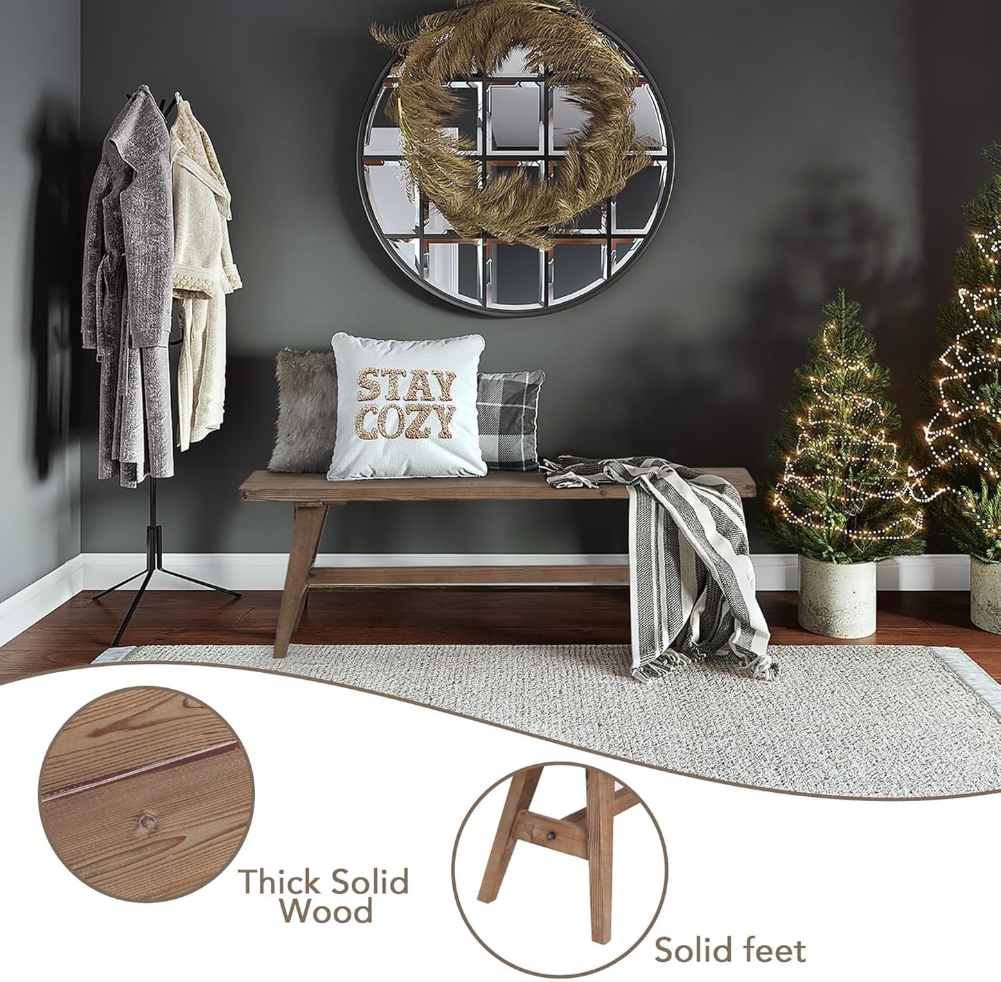 47" Farmhouse Wood Bench, Dining Room Bench, Entryway Bench for Living Dining Room, Solid Wood, Easy to Assemble, Brown