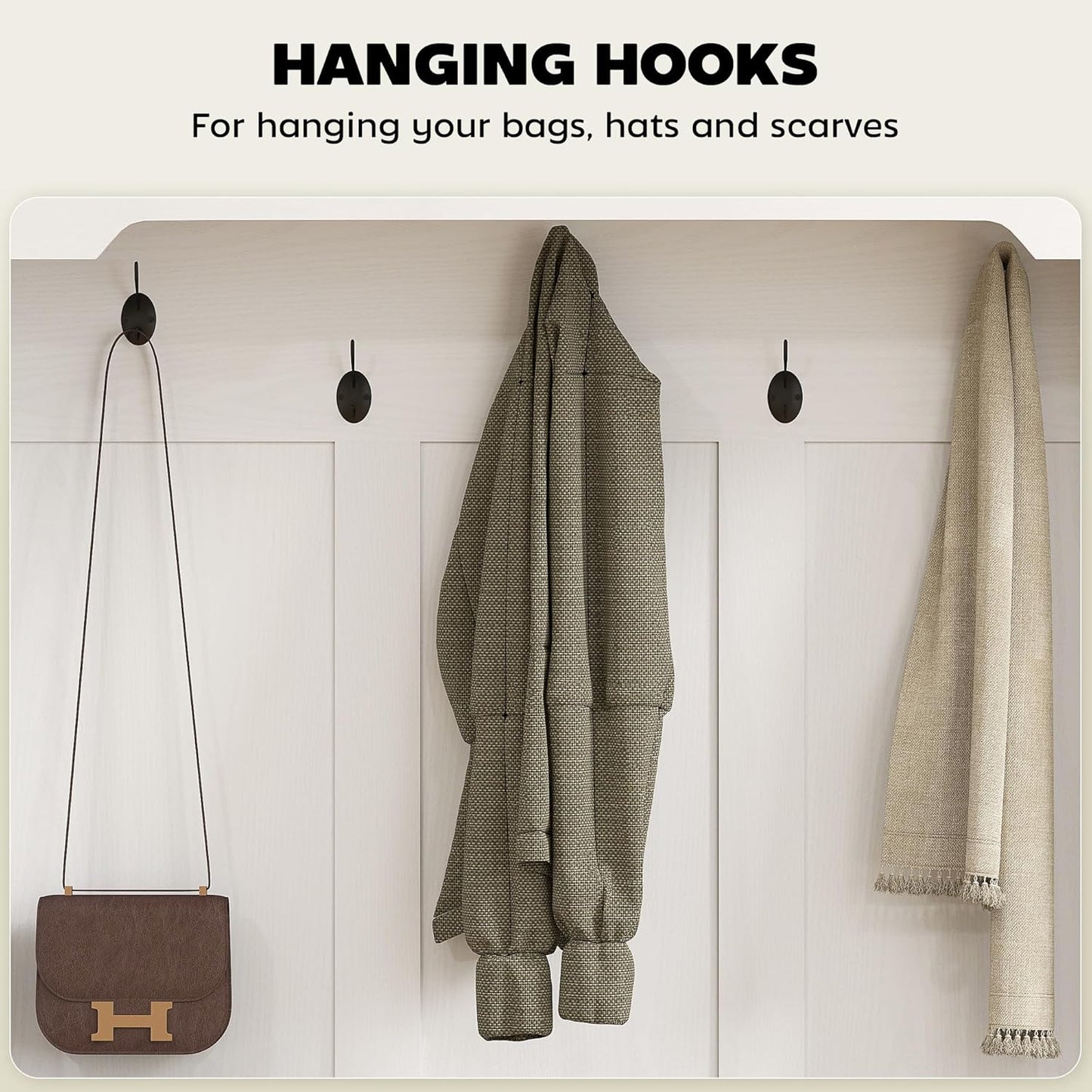 3-In-1 Hall Tree with Shoe Storage, Standing Coat Rack with Shoe Bench, Entryway Furniture with Five Hooks, White Wood Grain