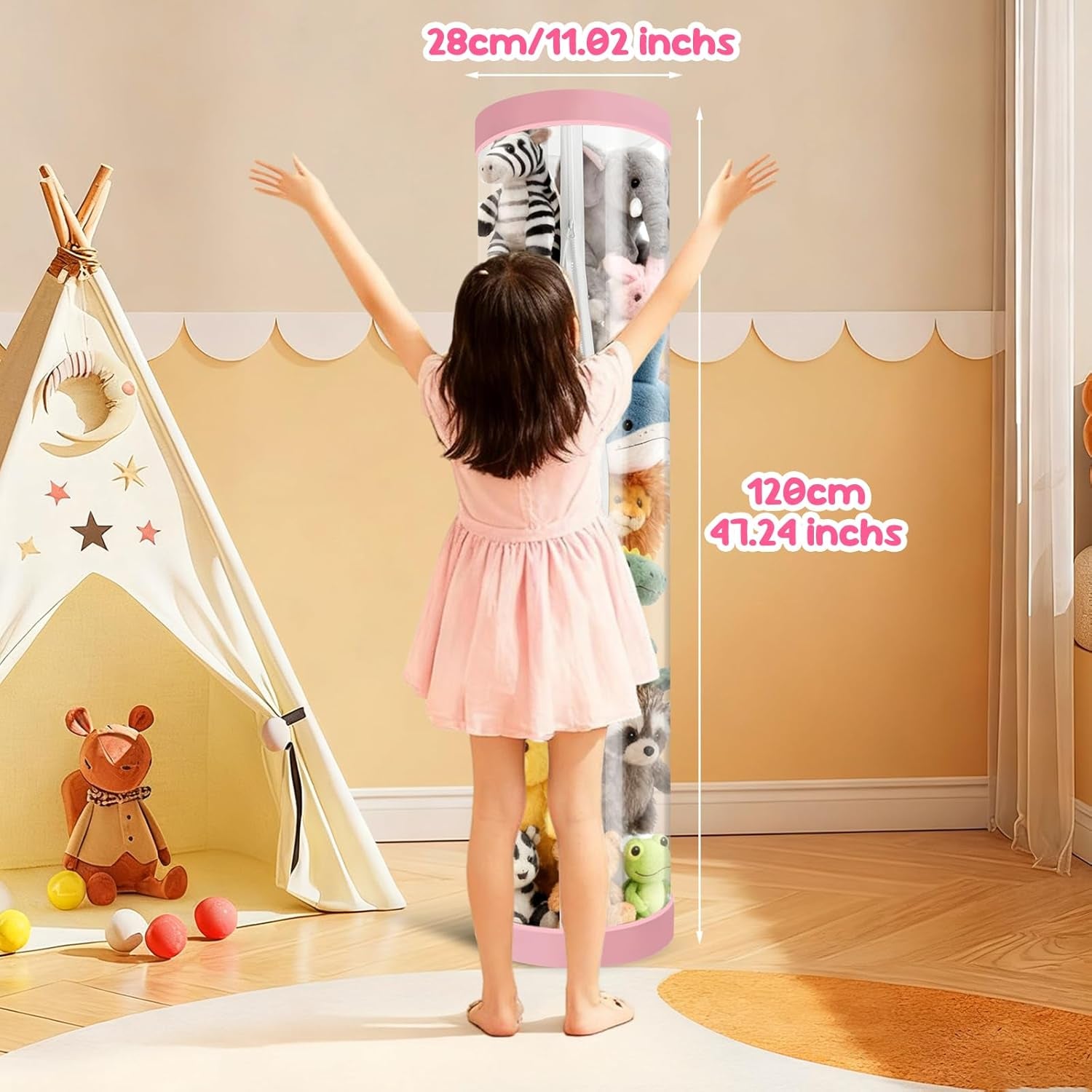 Upgraded Stuffed Animal Storage Tube, 47.24" Tall Stuff Animal Organizer with Double Zipper, PET Transparent Bucket, Space-Saving Animal Zoo Storage for Kids Room (Pink)