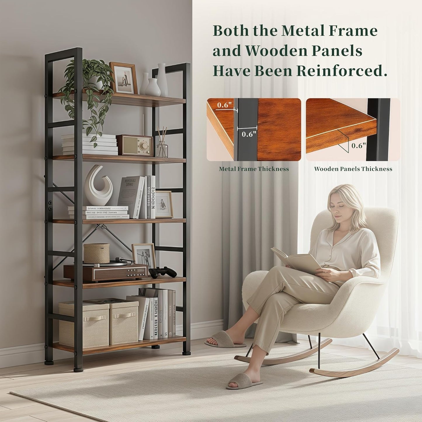 5 Tier Bookshelf, Modern Brown Book Shelves, Tall Bookcase Organizer, Wooden Shelf with Metal Frame Display Shelves, Free Standing Storage Shelving Unit for Living Room, Bedroom, Home Office