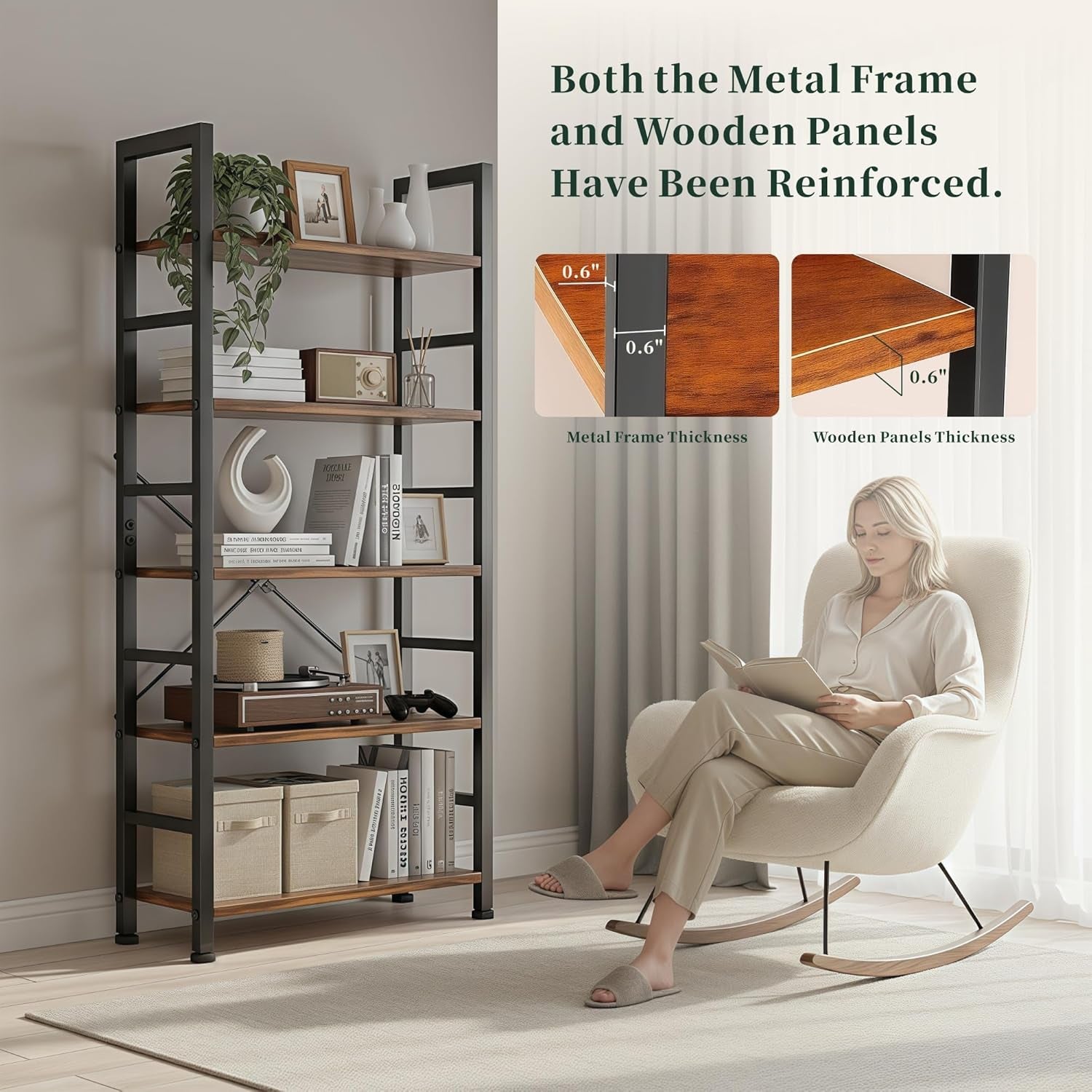 5 Tier Bookshelf, Modern Brown Book Shelves, Tall Bookcase Organizer, Wooden Shelf with Metal Frame Display Shelves, Free Standing Storage Shelving Unit for Living Room, Bedroom, Home Office