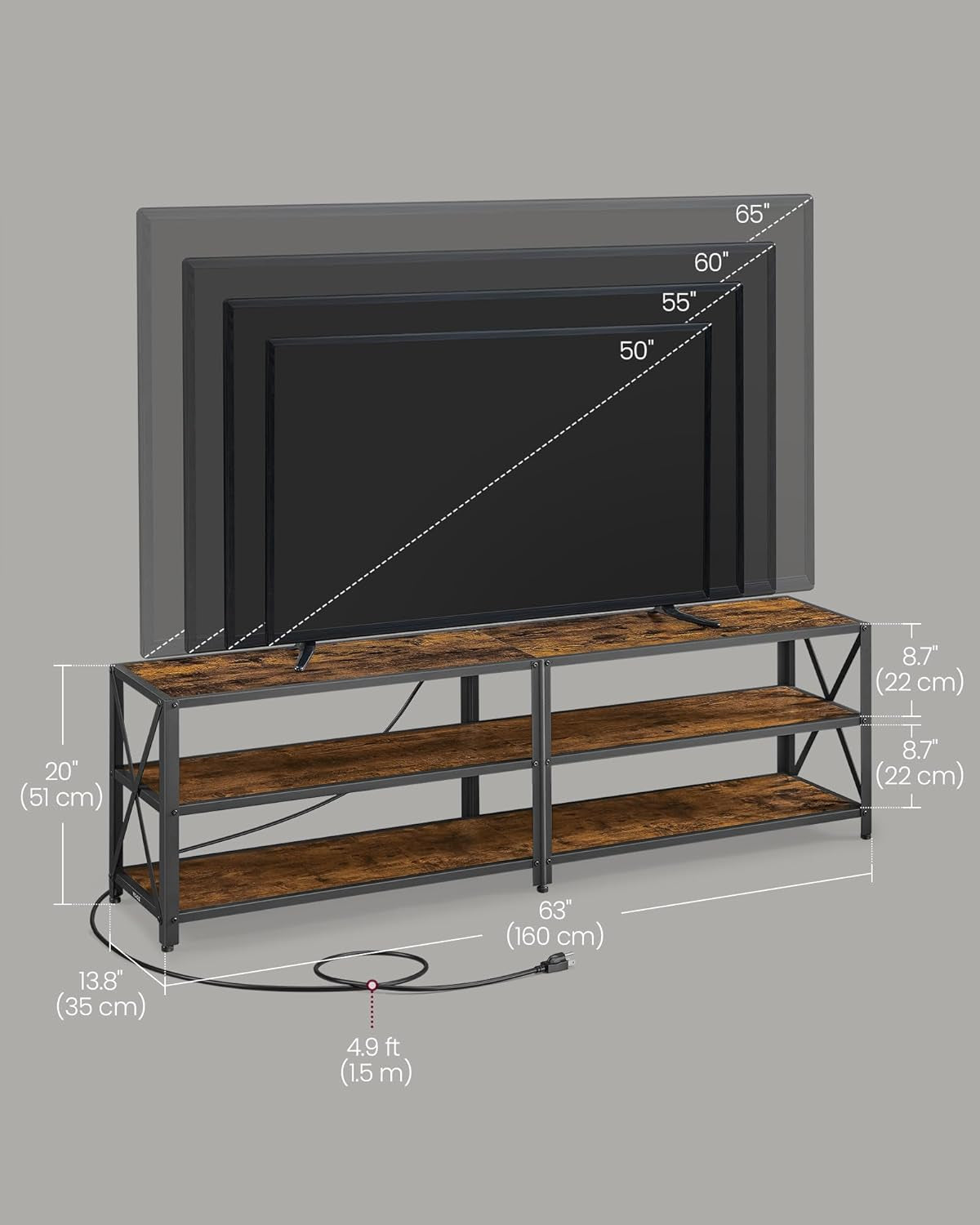 TV Stand with Power Outlets and LED Lights, for Tvs up to 65 Inches, Entertainment Center with Open Storage Shelves, TV Console Table for Living Room, Rustic Brown and Ink Black ULTV118K01