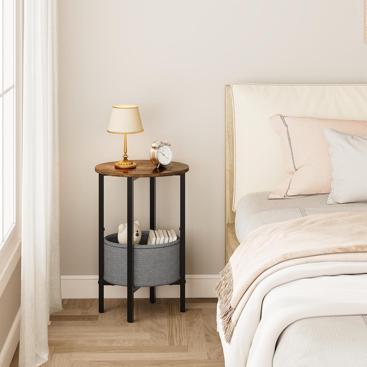 round Side Table End Table with Storage Basket, Small Side Table round Nightstand for Small Spaces, Tall Oval End Table with Steel Frame, Coffee Bedside Table for Living Room Bedroom, Greige