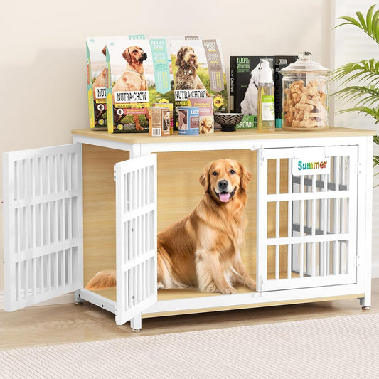 33"/27" Dog Crate Furniture with Name Tag, Heavy Duty Dog Kennel Indoor for Medium and Small Dogs, Double-Doors Sturdy Metal Dog Cage, Decorate House as TV Stand, End Table, Bedside Table