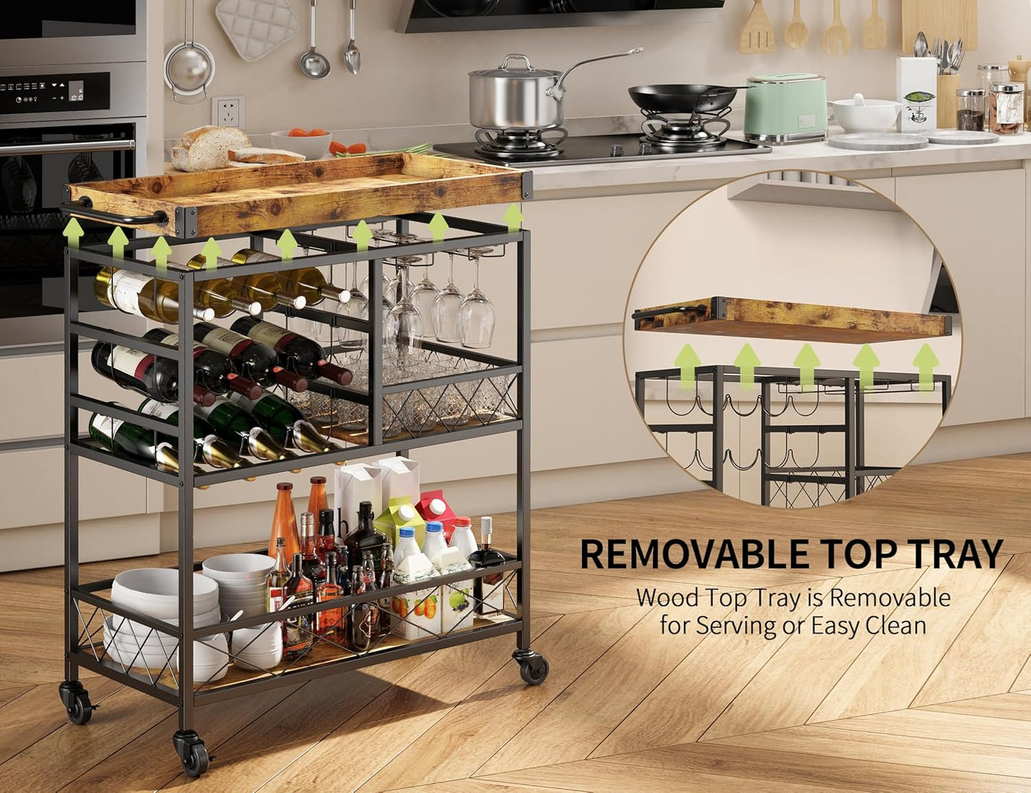 Bar Cart, 3 Tier Coffee Cart with Lockable Wheels, 12-Bottle Wine Rack, and Hanging Glass Holder, Kitchen Rack with Removable Tray, for Kitchen, Dining Room, Entertaining, Club Party,Retro