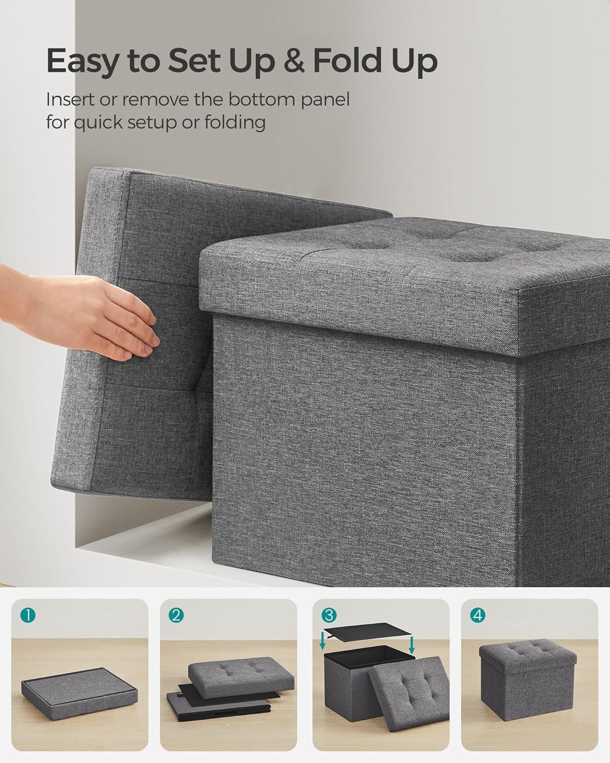 Mazie Collection - Small Folding Storage Ottoman, Foot Rest Stool, 12.2 X 16.1 X 12.2 Inches, 286 Lb Load Capacity, for Living Room, Bedroom, Home Office, Dorm, Dark Gray ULSF102G01