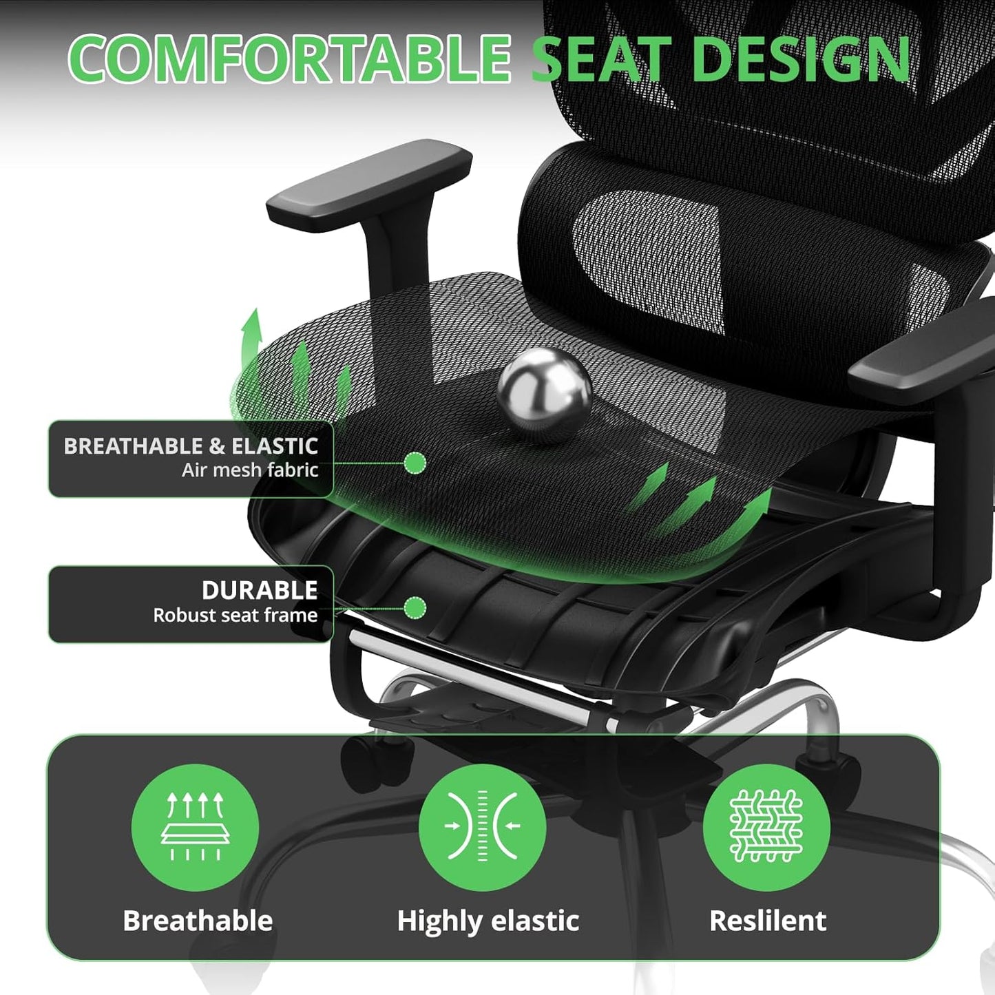 Ergonomic Office Chair with Footrest, Mesh Desk Chair with 135° Recline, Adjustable Lumbar Support, 3D Armrests and Headrest, Swivel Computer Chair for Home Office