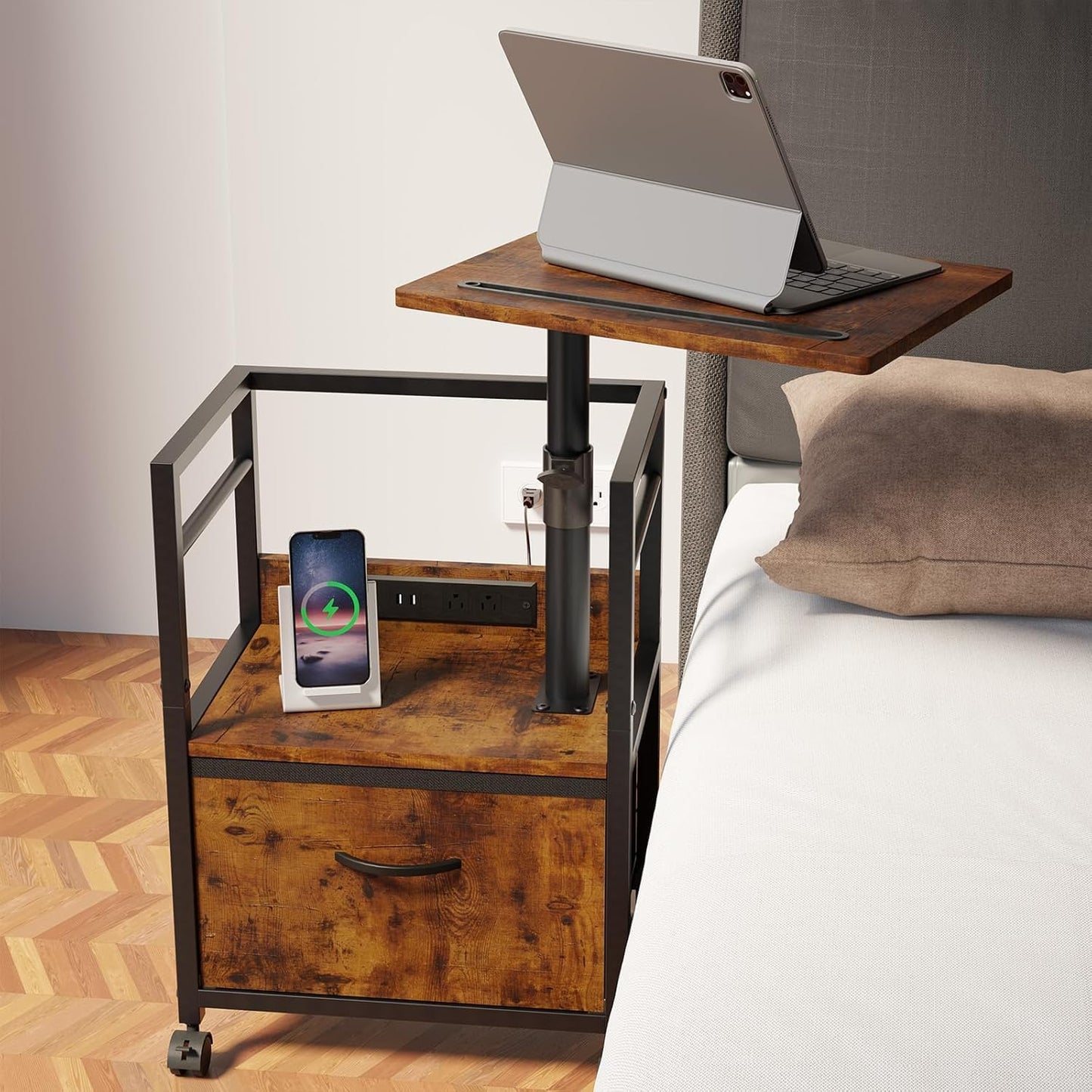 Swivel Lift Top Nightstand with Charging Station, 2-Tier 360° Adjustable Bedside Table, Rolling Night Stand with Wheels, Small End Table with Fabric Drawer, for Bedroom, Living Room, Rustic Brown