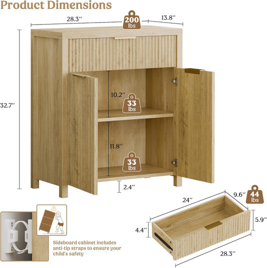Fluted Buffet Cabinet with Storage Sideboard Cabinet Adjustable Shelves for Kitchen Living Room, Kitchen, Entryway