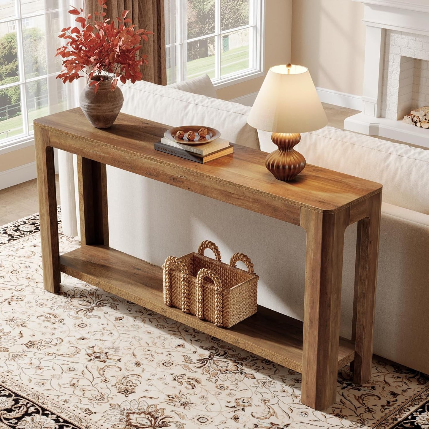 63 Inch Entryway Console Table, 2-Tier Farmhouse Narrow Sofa Table behind Couch, Accent Entrance Console Furniture for Entryway, Foyer, Hallway, Rustic Brown