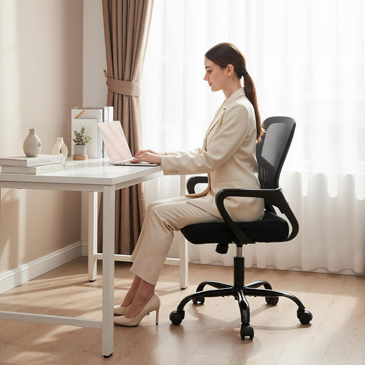 Home Office Computer Chair - Ergonomic Mid Back Desk with Lumbar Support and Rocking Mode, Height Adjustable with Fixed Armrest, for Conference Meeting Room, 360° Swivel, Adults, Black