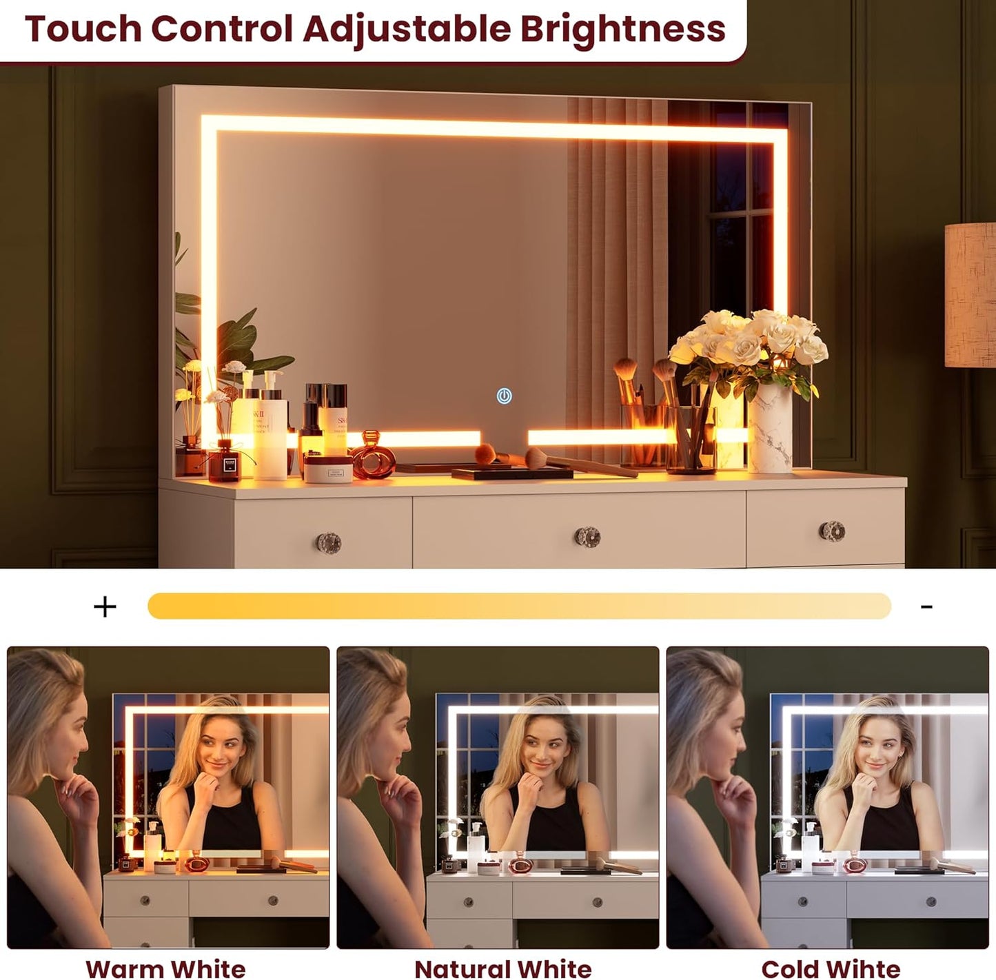 Vanity with Mirror and Lights - Vanity Desk with Power Outlet and 9 Drawers, 3 Color Lighting Modes, Adjustable Brightness, Makeup Vanity with Soft Cushioned Stool for Bedroom, White 43“L
