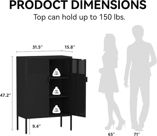 Black Metal Cabinet with Adjustable Shelves, 47”H Industrial Buffet Sideboard & Coffee Bar Station, Ventilated Steel Storage Cabinet with Magnetic Doors for Kitchen, Office, Living Room