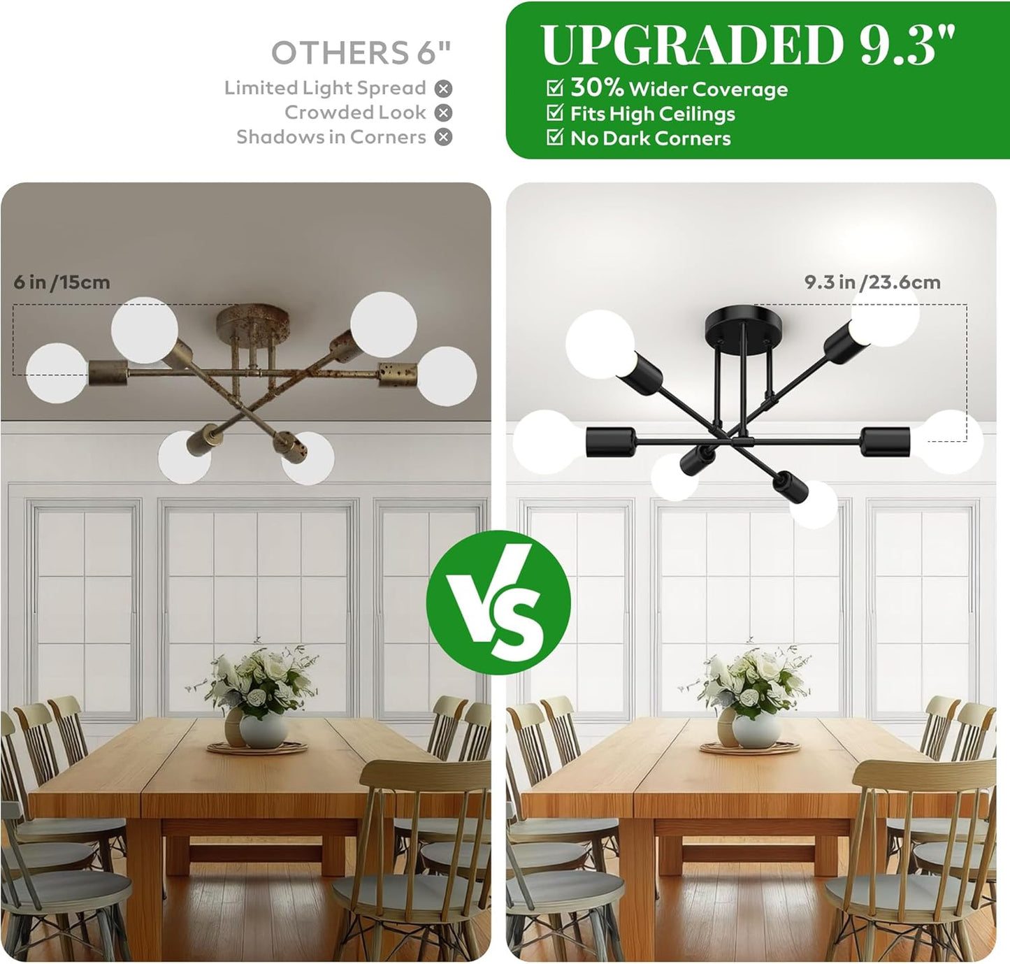 Modern Sputnik Chandelier Ceiling Light Fixtures, 6-Lights 22” Mid Century Industrial Metal Semi Flush Mount for Dining Room, Bedroom, Living Room-Black
