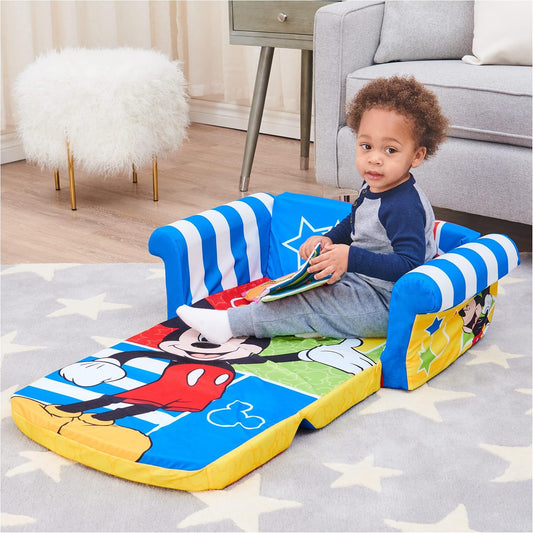 Kids Sofa, 2-In-1 Flip Open Foam Couch and Bed, Mickey Mouse - Pullout Sleeper for Folding Lounging, Sitting, and Napping - Ideal for Bedroom and Playroom