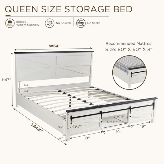 Farmhouse Wood Bed Frame Queen Size with Sliding Barn Door Storage Cabinets and Headboard, Solid Wood Slats Support, Noiseless, No Box Spring Needed, Antique White