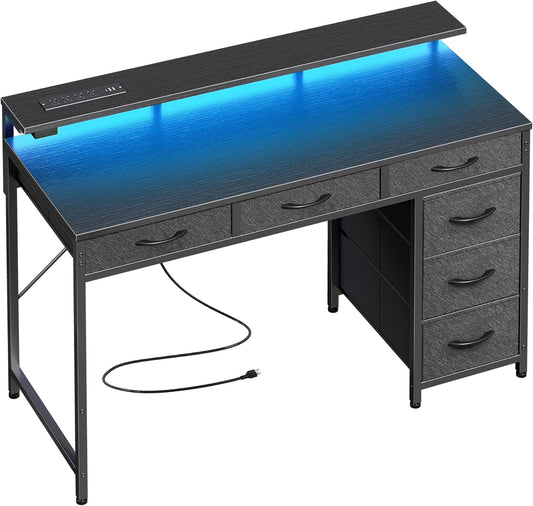 Gaming Desk with 6 Drawers, Computer Desk with LED Lights Power Outlets and Type-C, 39 Inch Office Desk with Storage, Monitor Stand, Writing Desk Work Desk Home Office, Bedroom, Study, Black