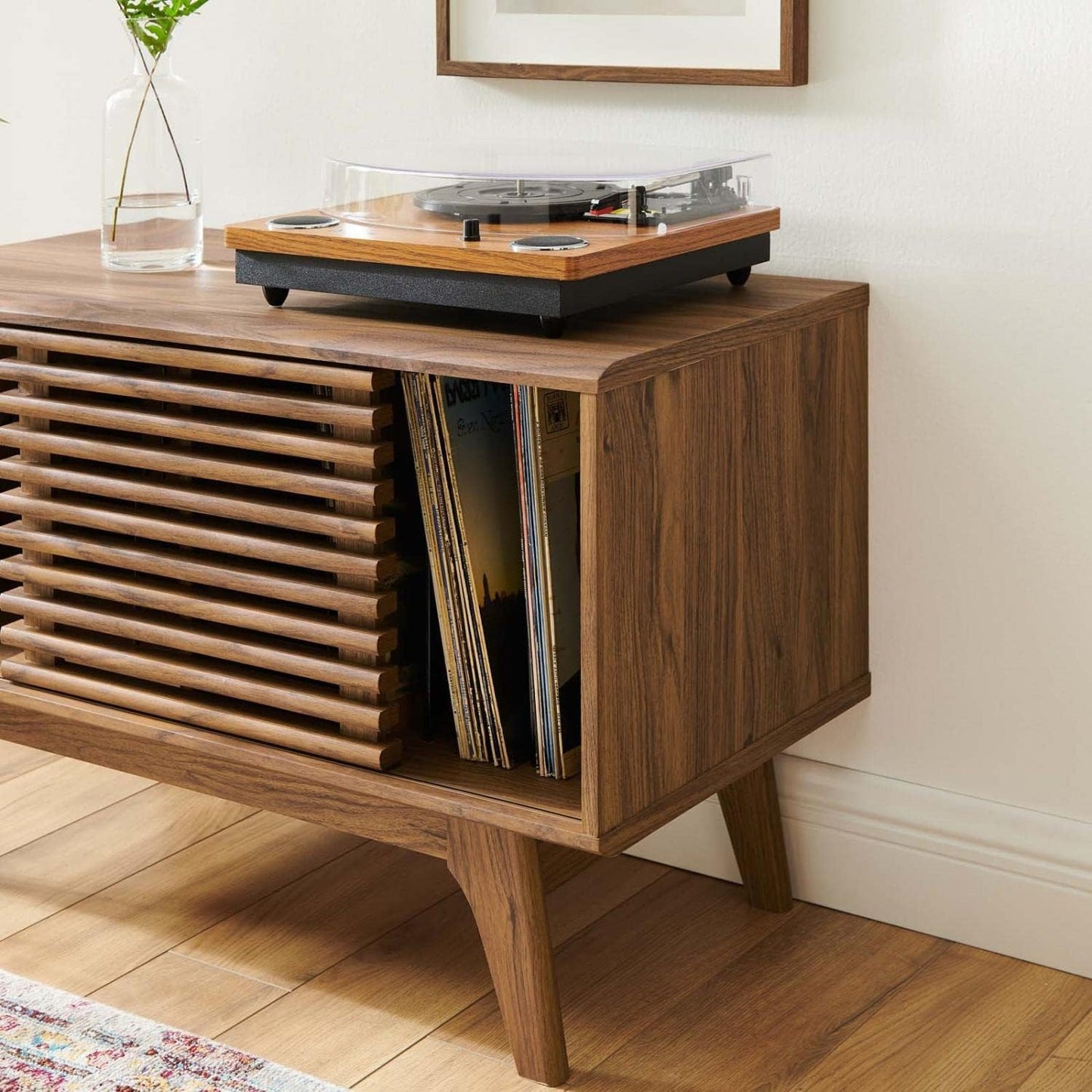 Render Mid-Century Modern 37" Vinyl Record Display Stand in Walnut, 37 Inch
