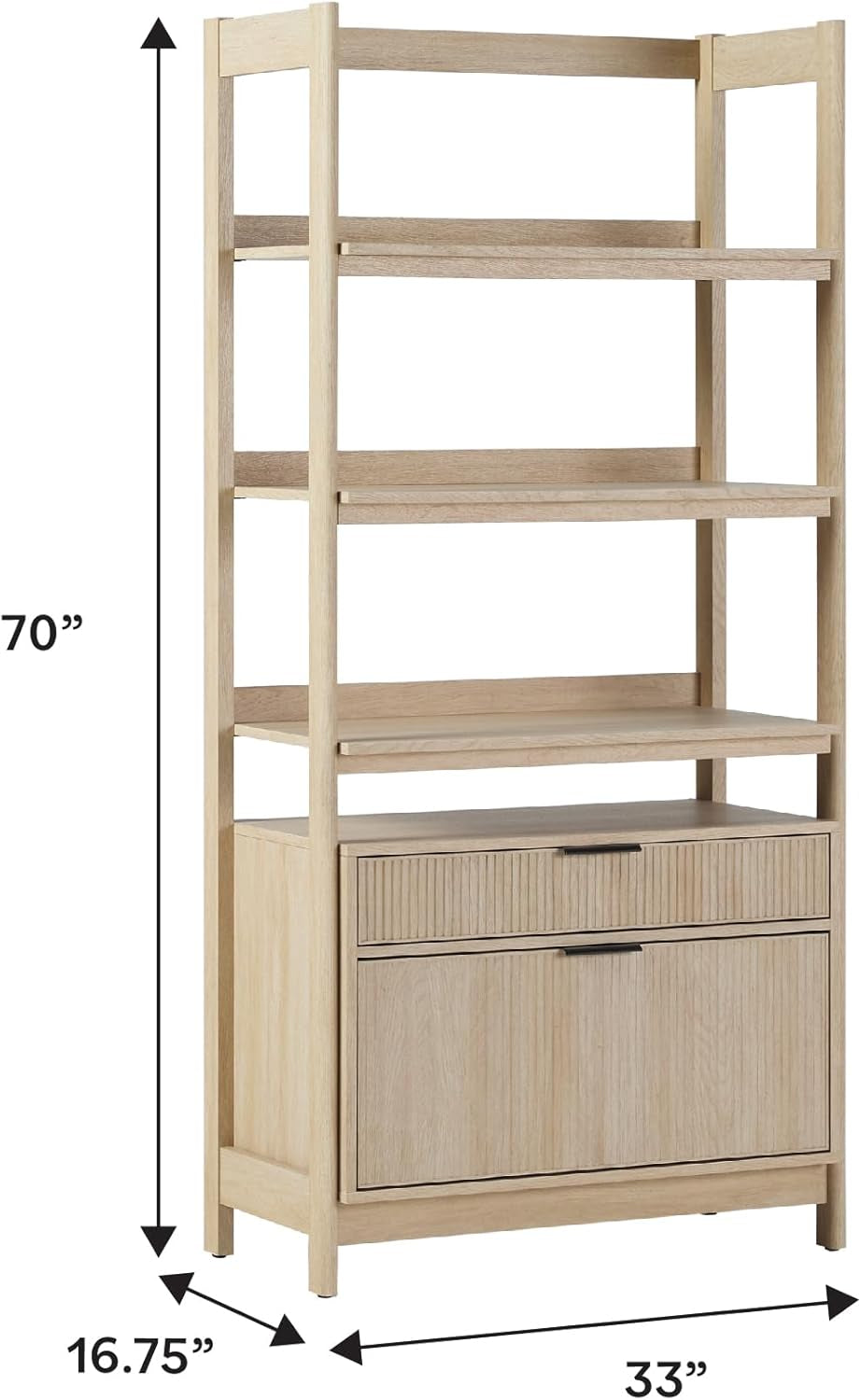 Transitional Open Reeded 4-Shelf Bookshelf with Drawers on Bottom, Versatile Bookcase with Bottom Storage for Home Office, Living Room, Bedroom, 33”W X 16.75”D X 70”H, Coastal Oak