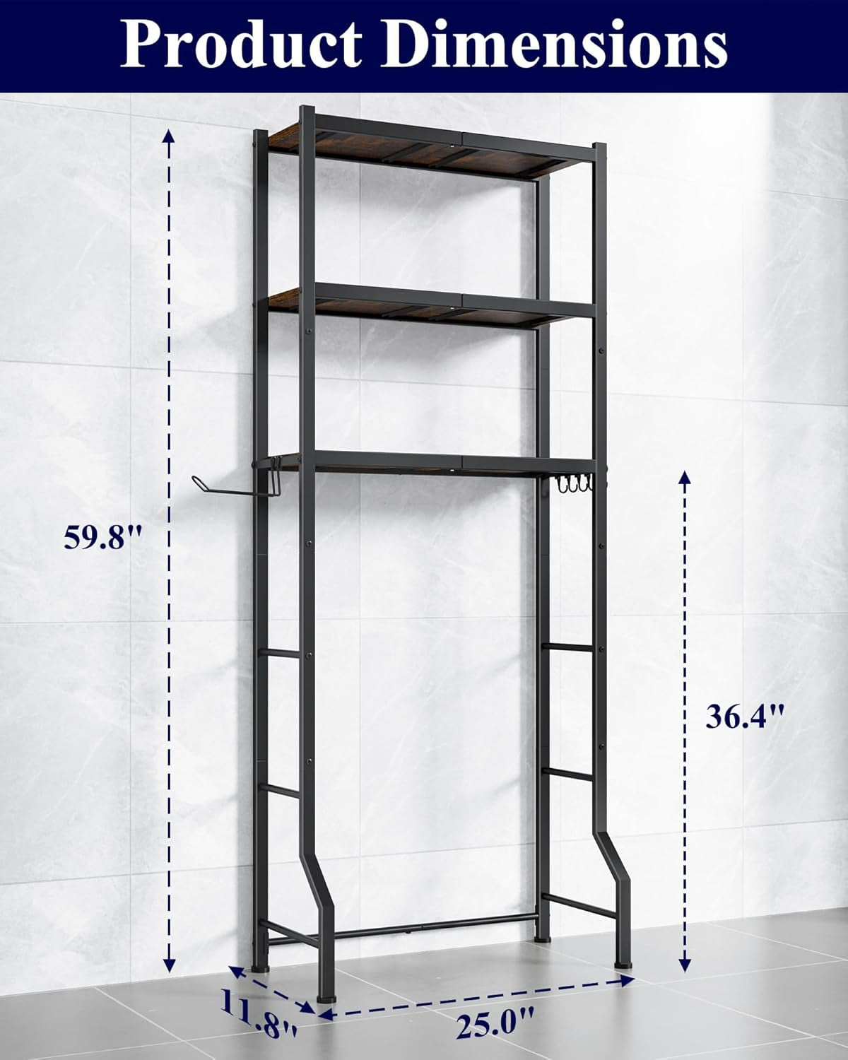 Over-The-Toilet Storage Rack - Freestanding over the Toilet Storage Cabinet with Paper Holder & Hooks, Bathroom Organizers and Storage, 25" X 11.8" X 59.8", Brown + Black