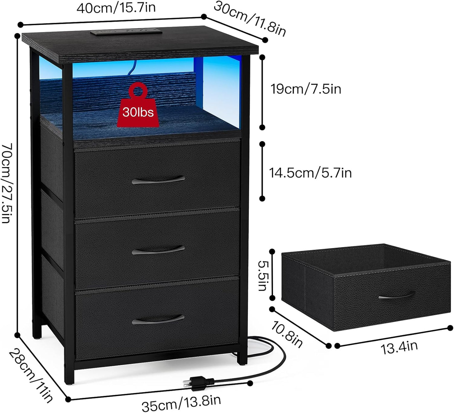 Night Stand with Charging Station, LED Nightstand with U-S-B Ports and Outlets, 3 Fabric Storage Drawers with PU Finish, Bedside Table, Black