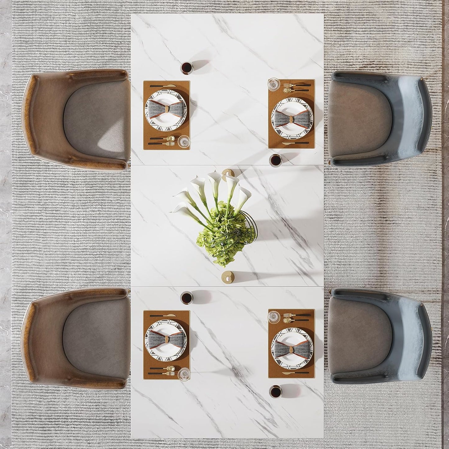 63-Inch Rectangular Dining Table for 4 to 6, Modern Kitchen Table with Stylish Metal Trestle Legs, Large Dinner Table for Dining Room, Chair Not Included (White+Gold)