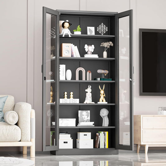 Lockable Display Cabinet with Glass Doors & 5 Adjustable Shelves, 71" Tall Black Metal Storage Cabinet Curio Liquor, Bookshelf Bookcase for Home Office Living Room Pantry Garage