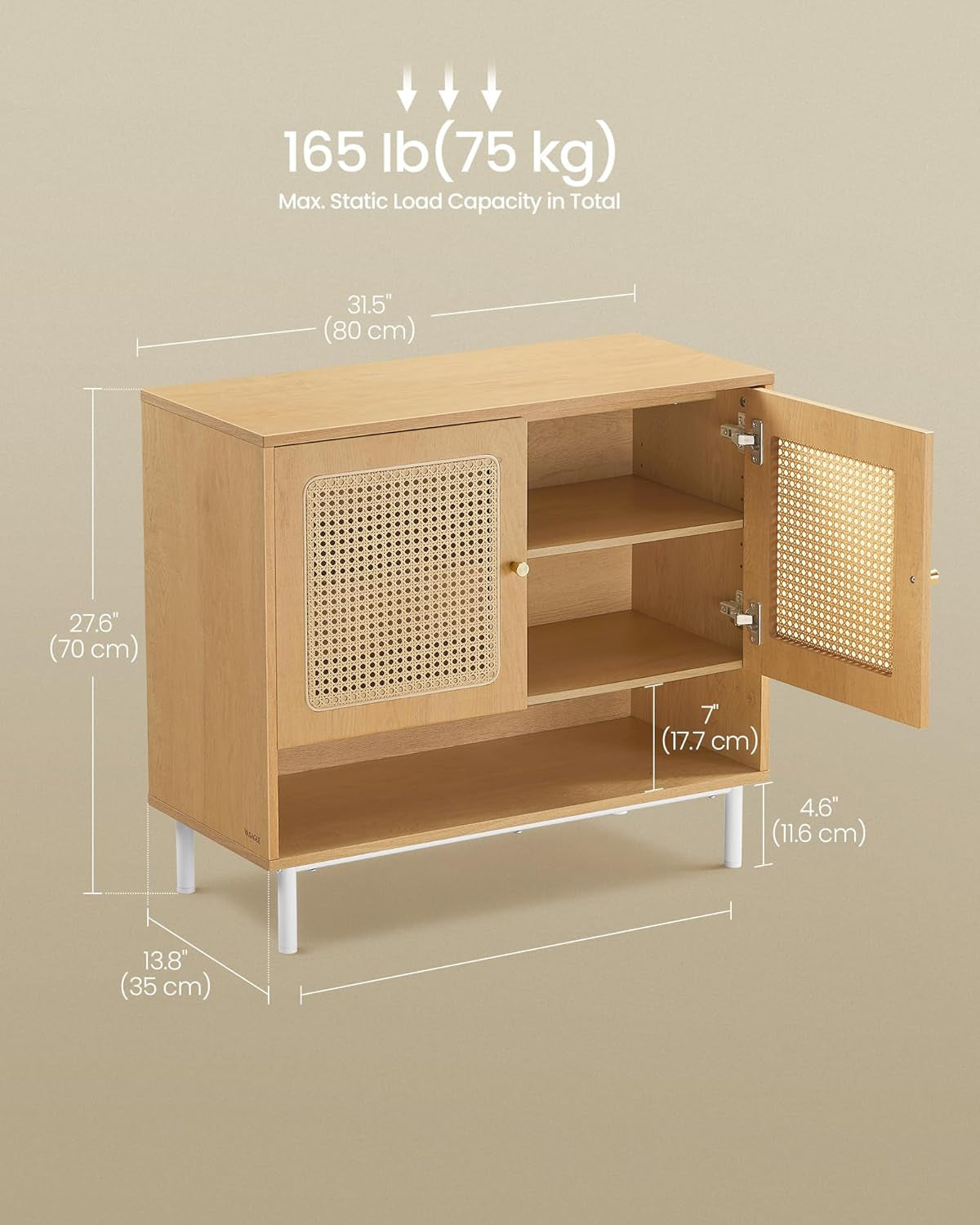 Natural Rattan 3-Tier Shoe Cabinet, 16 Pair Shoe Storage Cabinet, Boho Style Shoe Organizer with Height-Adjustable Shelves and Steel Legs, for Entryway, Closet, Hallway, Oak Beige ULBC049N01