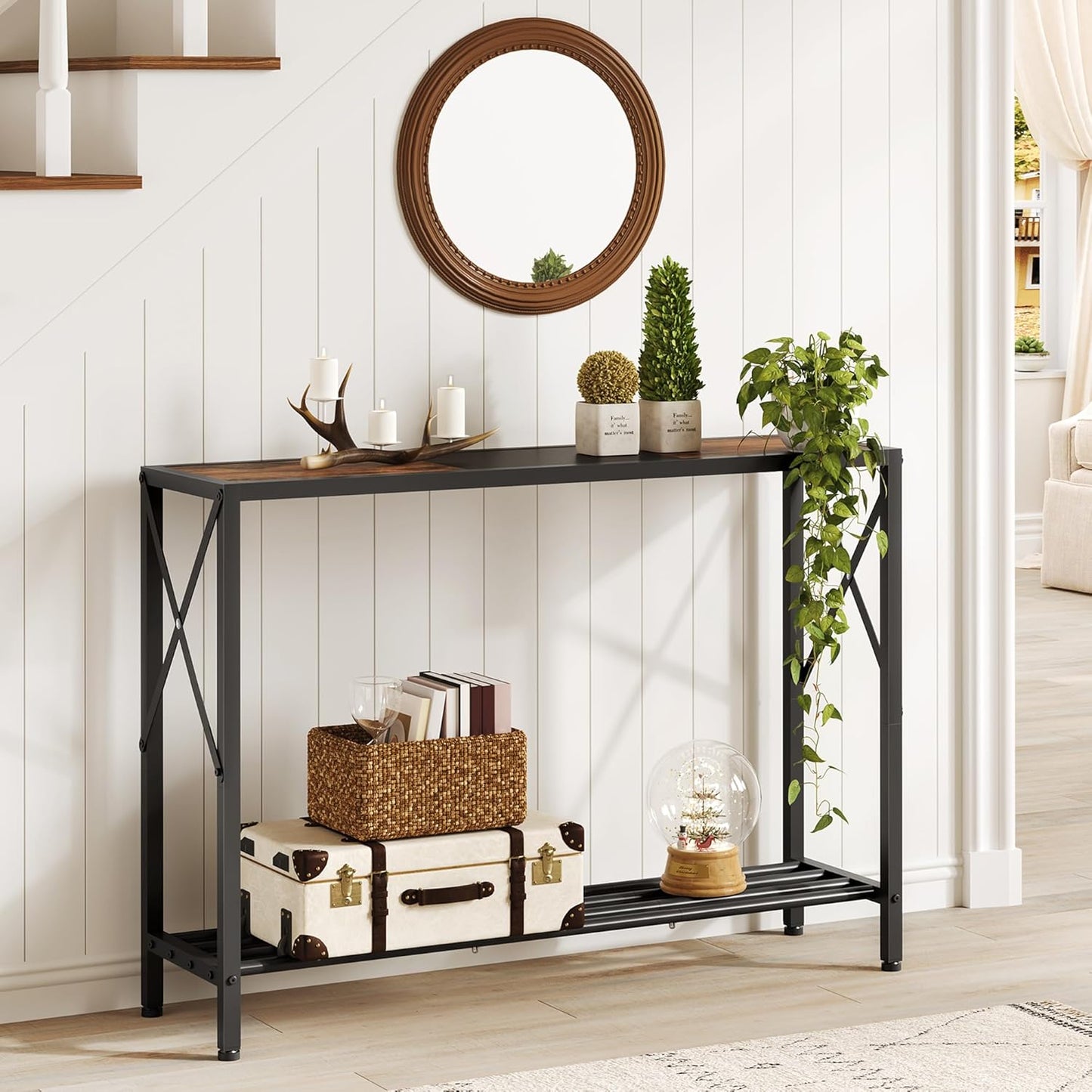 Console Table 41.8”, 2-Tier Industrial Entryway Table, Narrow Entrance Sofa Table with Shelves, Hallway, Living Room, Foyer, Corridor, Office, Rustic Brown and Black