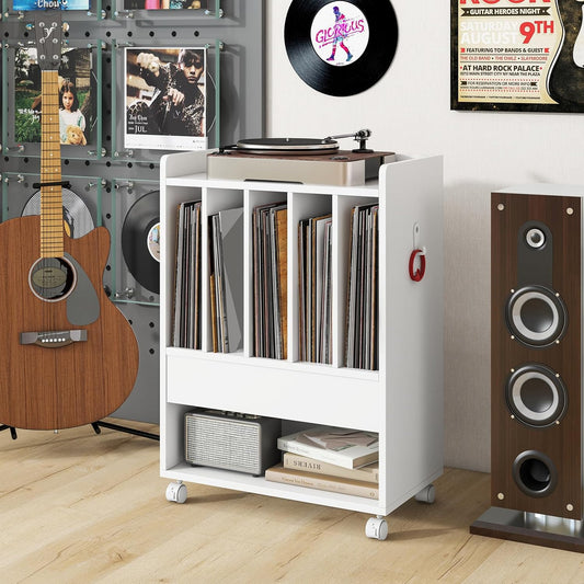 Record Player Stand, Rolling Turntable Stand with Drawer, Hook & Lockable Wheels, Vinyl Record Display Shelf Holds up to 180 Albums, for Living Room Bedroom (White)