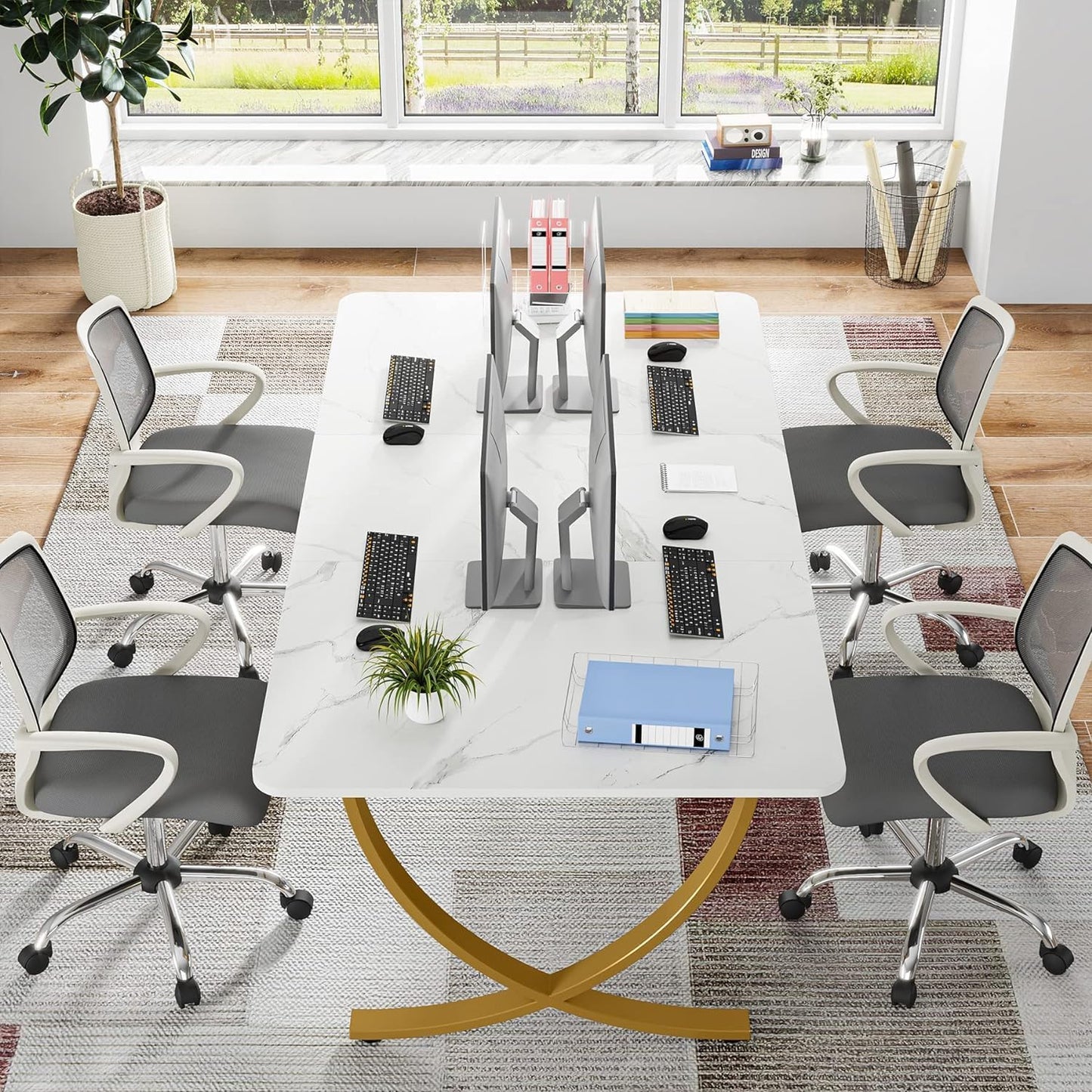 Executive Desk, 63” W X 31.5” D Large Office Desk, Modern Computer Desk Conference Table Meeting Room Table, Business Furniture for Home Office, White and Gold