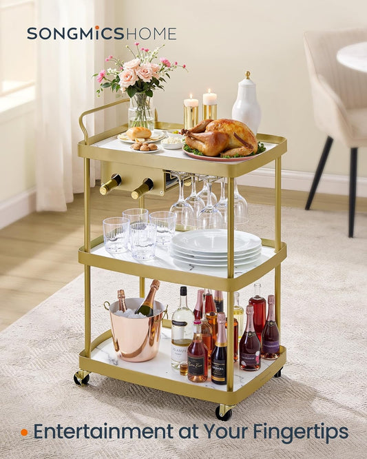 HOME Bar Cart, Home Bar Serving Cart with 3-Tier Shelf, Flexible Wine Bottle Rack and Glass Holder, Drink Beverage Cart, Microwave Cart, Kitchen, Marble White and Pale Gold ULRC291A02