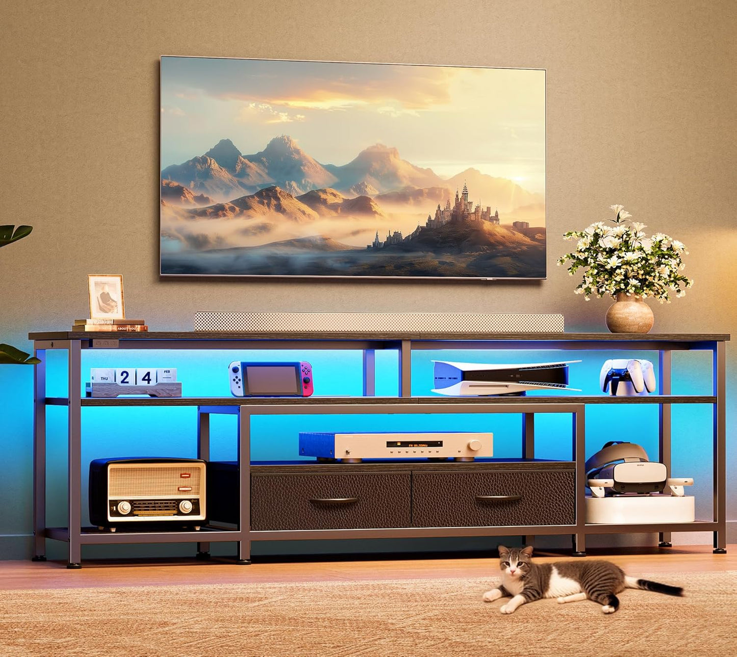 63 Inch LED TV Stand for 65 70 Inch TV, Entertainment Center with Open Shelves and Power Outlets, TV Console for Living Room, Media Console with Drawers, Black