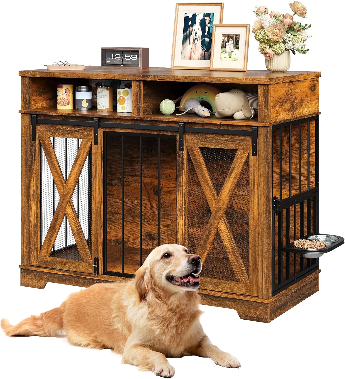 47" Large Dog Crate, Wooden Dog Kennel Furniture with Storage & Adjustable Bowl & Sliding Barn Door, Heavy Duty Dog Crates for Large Dogs, Indoor Decorative Dog Cage, Brown