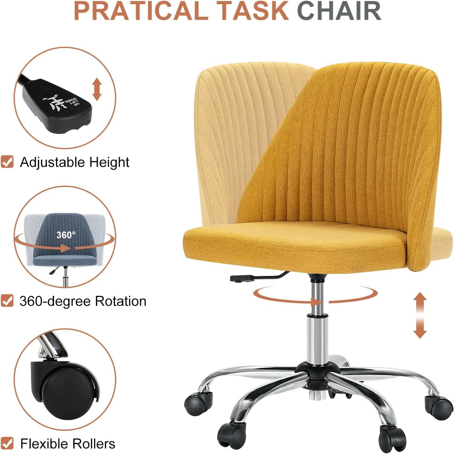 Office Desk Chair, Modern Cute Rolling Vanity Swivel Task Chairs with Wheels, Comfortable Back Seat Armless for Home, Bedrooms, Office, Study, Student, Adults, Make-Up, Dressing Room, Yellow
