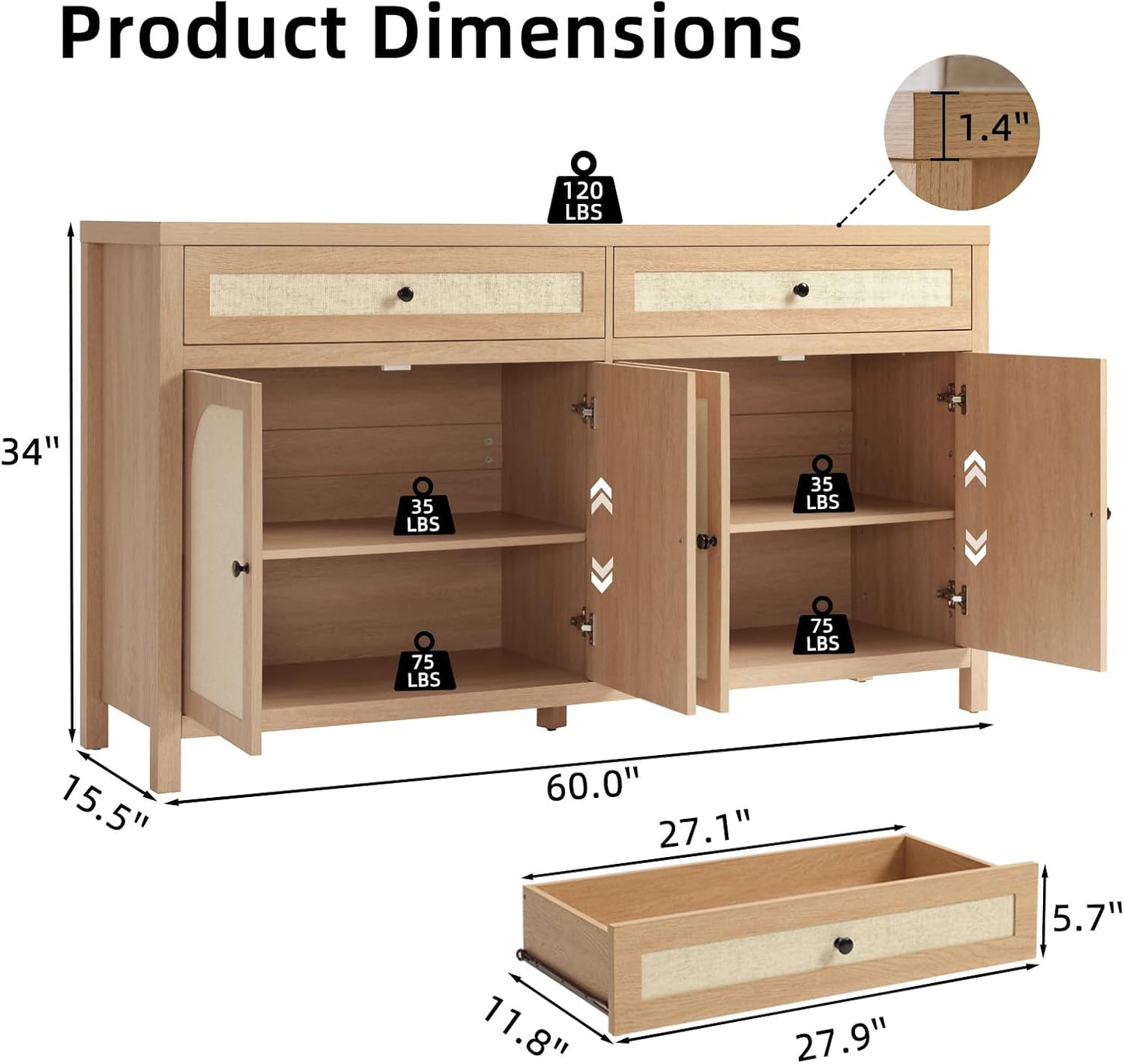 60'' Large Sideboard Buffet Cabinet with Storage, Rattan Accent Cabinet with Doors Drawers and Adjustable Shelves, Farmhouse Credenza Wood Coffee Bar Cabinets for Living Room Kitchen Entryway, Natural