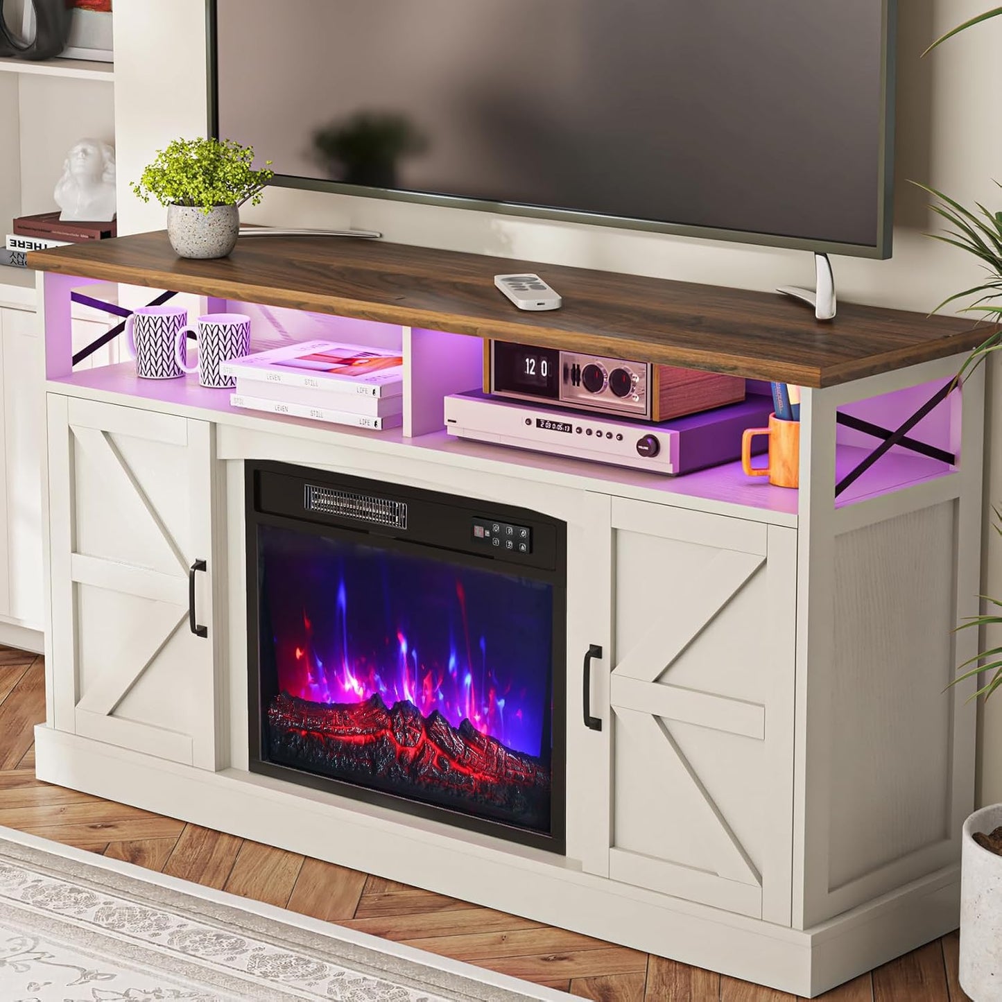 TV Stand with Fireplace, 59In Entertainment Center with LED Lights, for 65 Inch Tvs, with Opening Shelves and Storage Cabinets, for Living Room, White