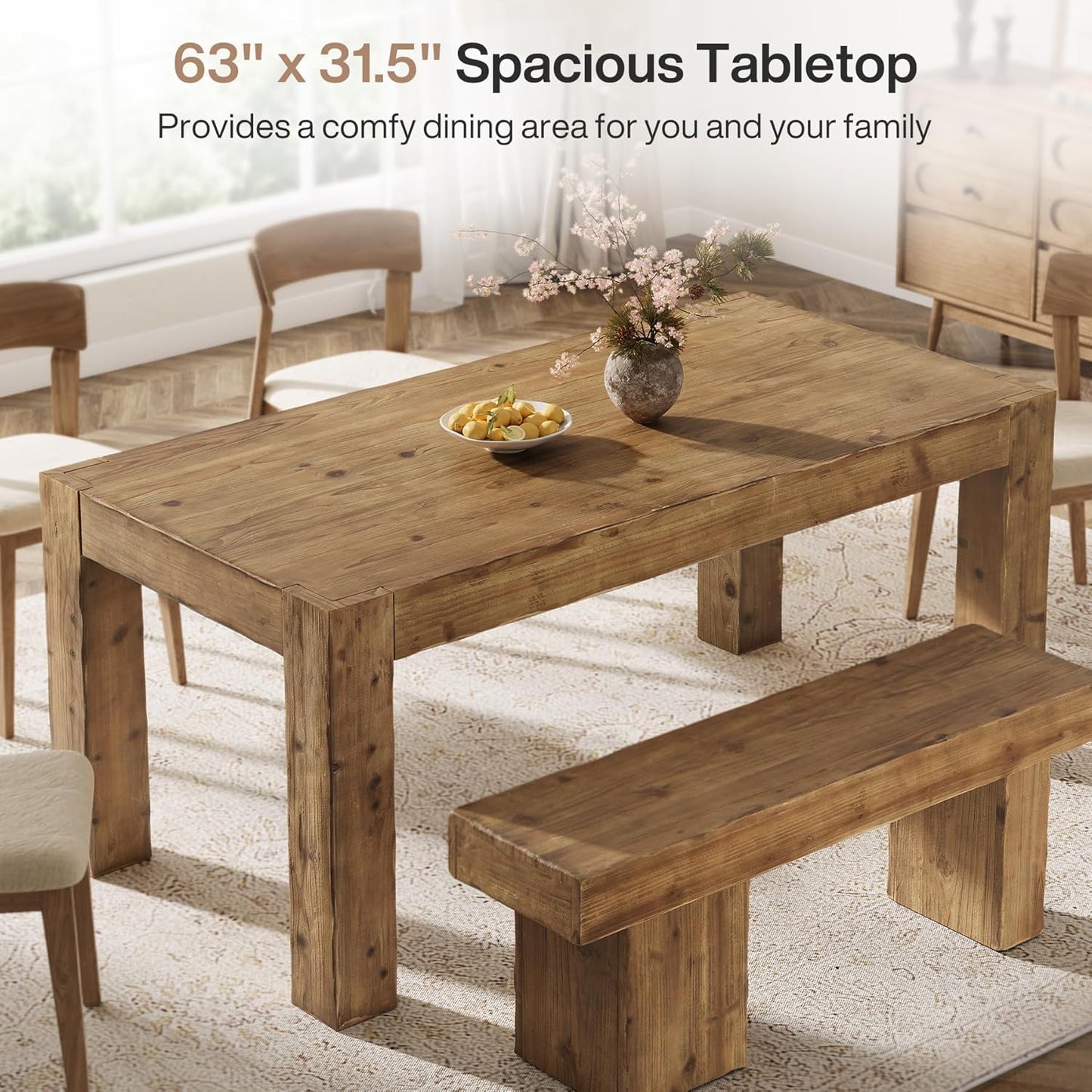 Solid Wood Dining Table for 6, 63-Inch Farmhouse Kitchen Table with Heavy Duty Legs, Rectangular Wood Dinner Table for Dining Room, Living Room (Rustic Brown)