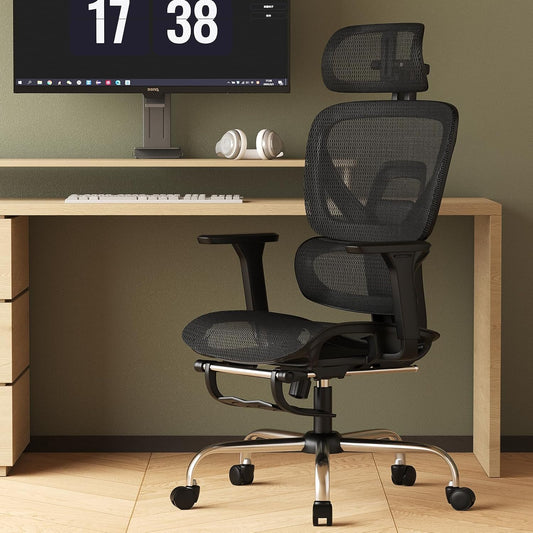 Ergonomic Office Chair with Footrest, Mesh Desk Chair with 135° Recline, Adjustable Lumbar Support, 3D Armrests and Headrest, Swivel Computer Chair for Home Office