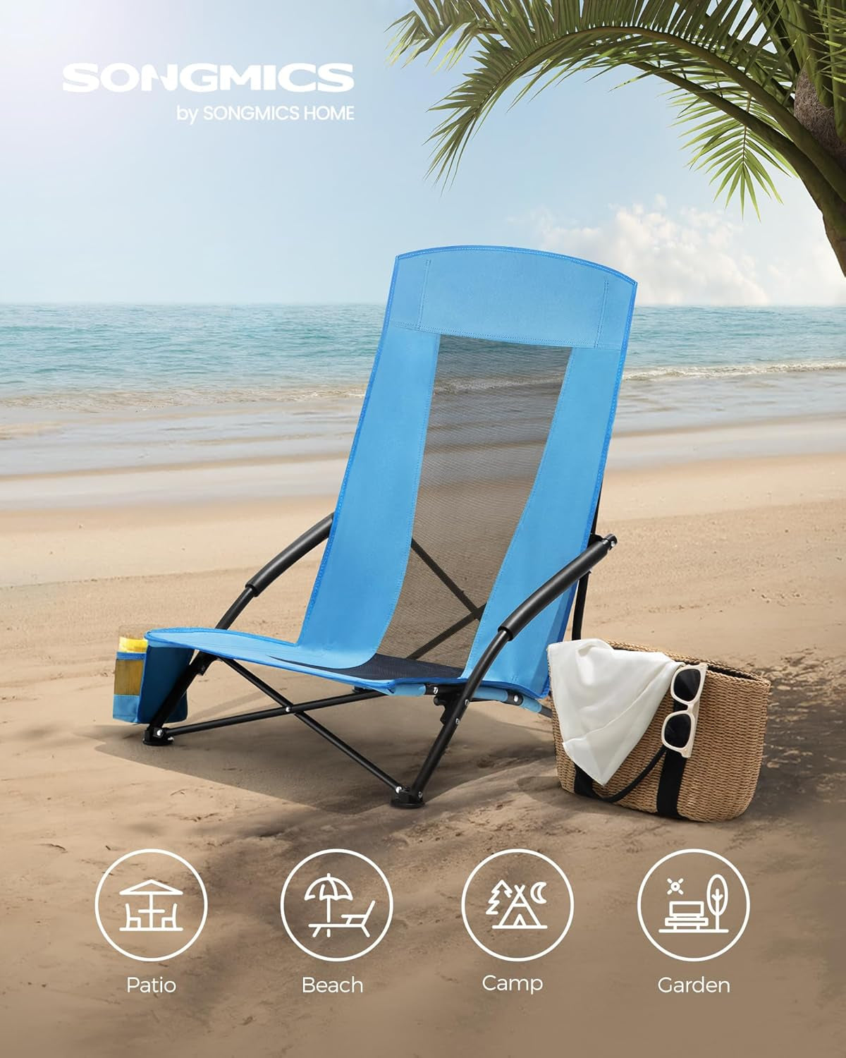 Set of 2 Portable Beach Chairs for Adults, Max. Load 330 Lb Each, High Backrest, Cup Holder, Lightweight, Heavy-Duty, Light Blue UGCB067Q01V1