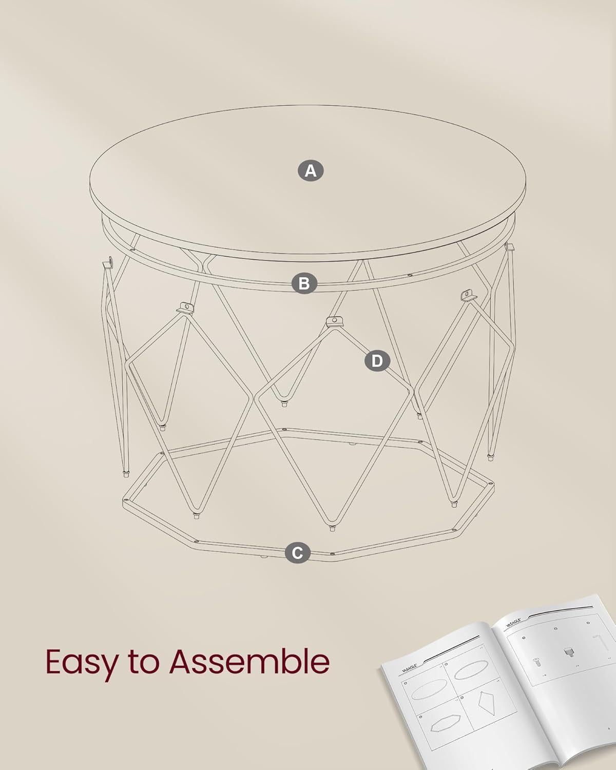 round Coffee Table for Living Room, Cage Cocktail Table with Steel Frame, 31.5 Inches Dia., Industrial Style, Rustic Brown and Black ULCT040B01