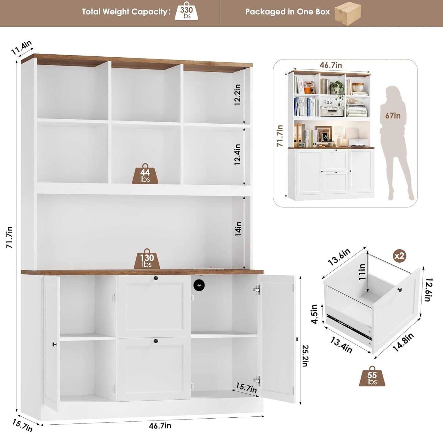 72'' Tall File Bookcase with Power Outlet & Printer Stand, 2 Drawer Filing Cabinets for Home Office Fit Hanging A4 File, Storage Cabinet W/ 3 Tier Open Book Shelf & Doors for Living Room, White