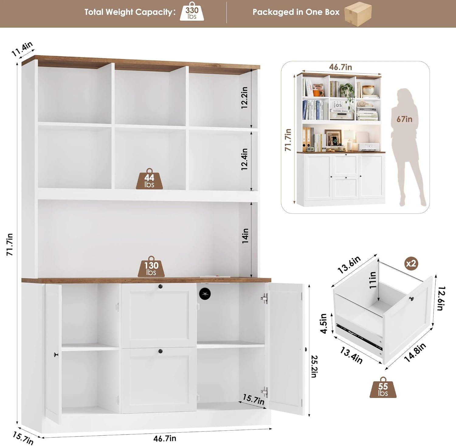 72'' Tall File Bookcase with Power Outlet & Printer Stand, 2 Drawer Filing Cabinets for Home Office Fit Hanging A4 File, Storage Cabinet W/ 3 Tier Open Book Shelf & Doors for Living Room, White