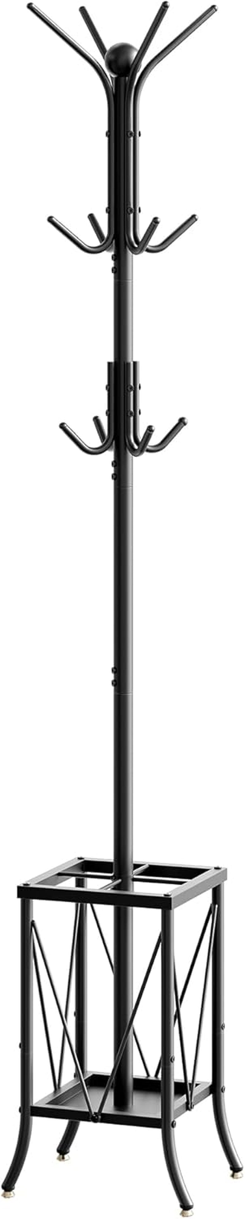 Coat Rack Freestanding, Coat Rack with Umbrella Holder, Entryway Hanger Stand With12 Hooks, Metal Hall Tree for Bags, Coats, Hats, Entryway, Hallway, Living Room, Bedroom, Office Black TYM01BB