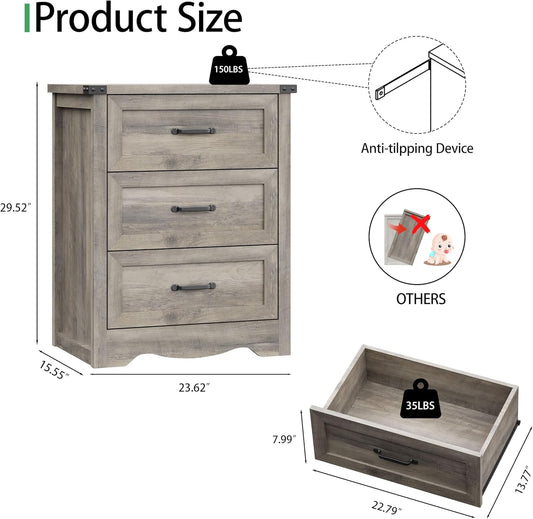 Nightstand with 3 Drawers, 24" Wide Farmhouse Bedside End Table, Rustic Wood Side Table Night Stand with Mental Handle, Tall Modern Small Dresser Chest of Drawers for Bedroom, Living Room, Dorm, Grey
