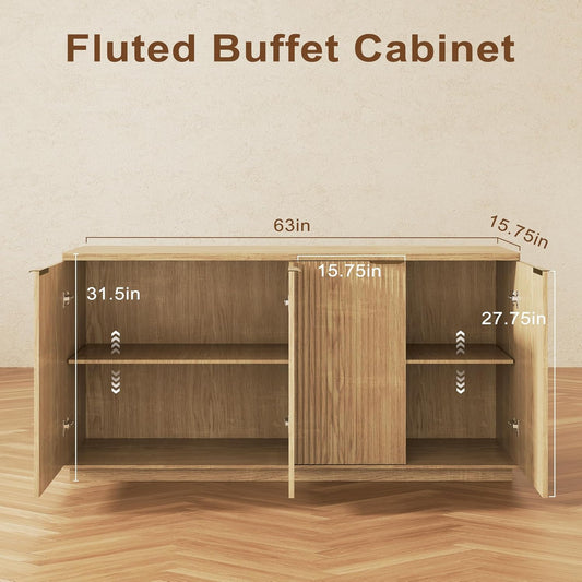 Fluted Sideboard Buffet Cabinet, 63" Wooden Credenza Storage Cabinet with 4 Doors and Adjustable Shelves, Fluted Sideboard Cabinet for Kitchen, Living Room, Natural Oak