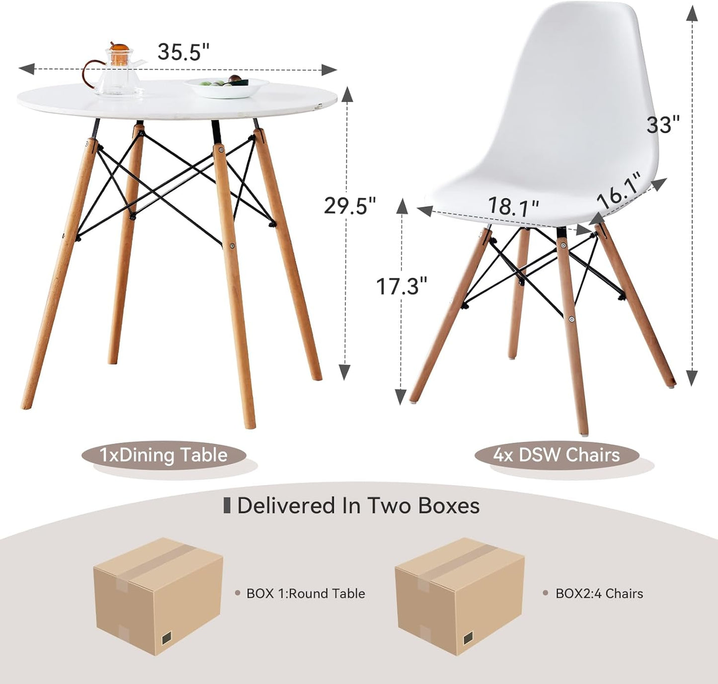 5-Piece round Dining Table Set, Small 35.5" Kitchen Table Chairs Set of 4 Space Saving Furniture, Plastic Seats, Solid Wood Legs, for Living Room Apartment Office Home, White
