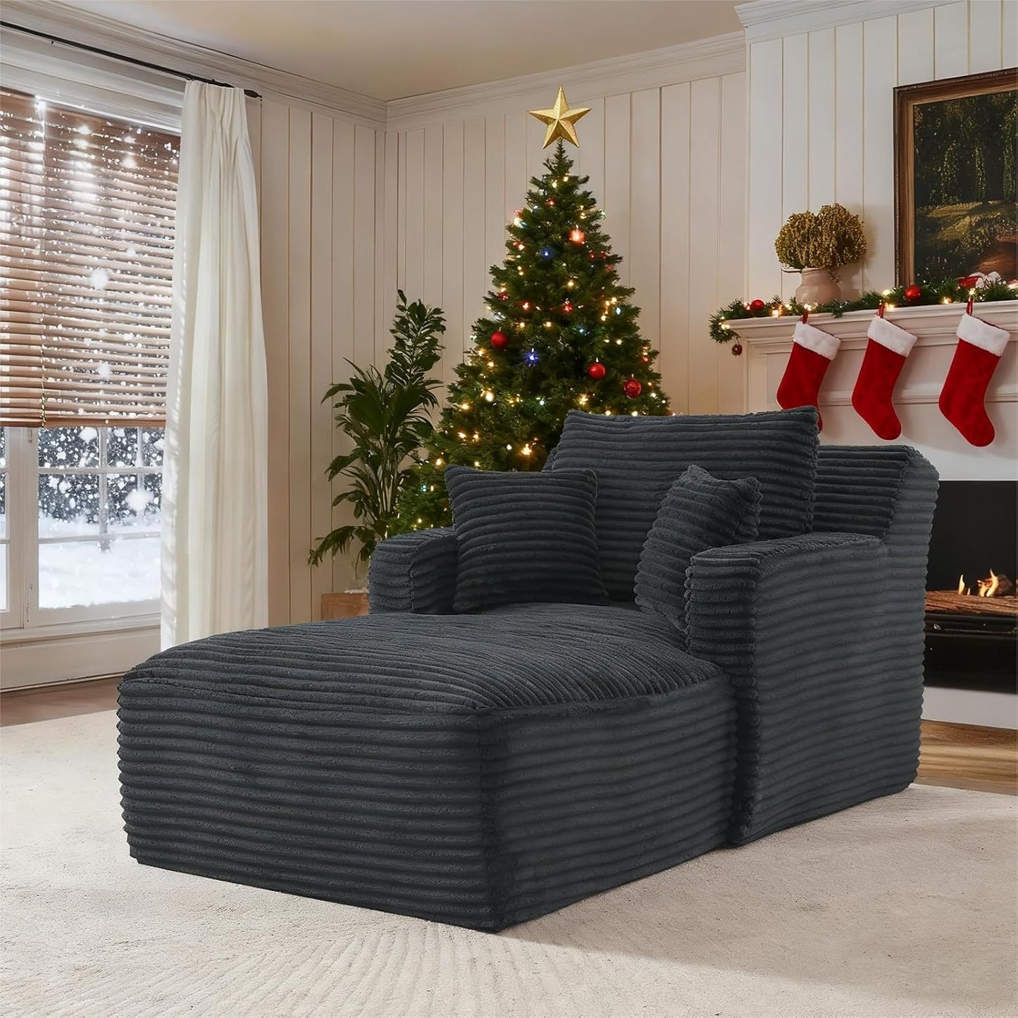 Black oversized corduroy boneless chaise lounge sleeper with pillows, view 9