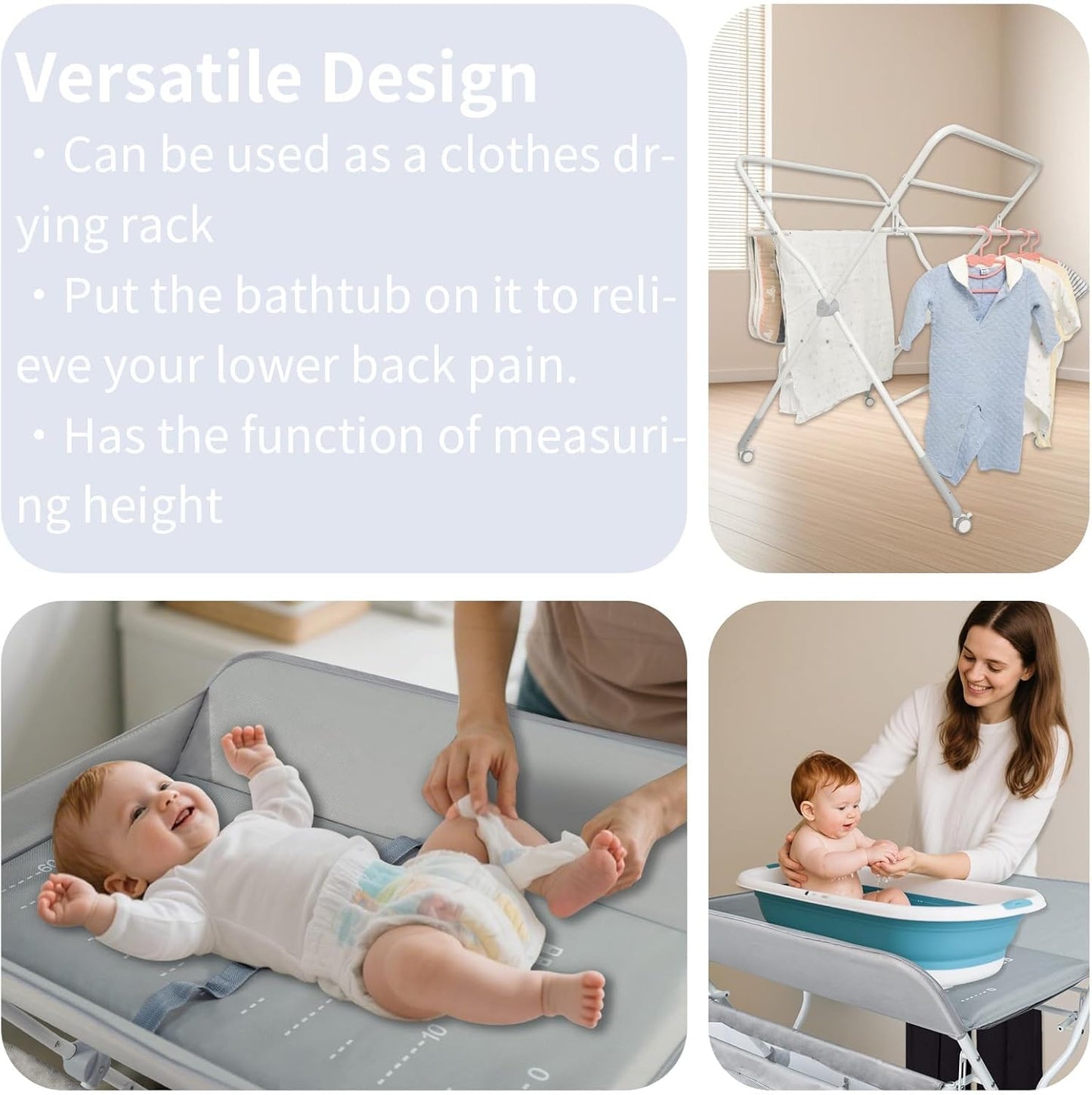 Baby Folding Portable Changing Table, 4-Level Adjustable Height Diaper Changing Station Table for Nursery with Safety Belt, Double Storage Bag, Headrests & Diaper Pad
