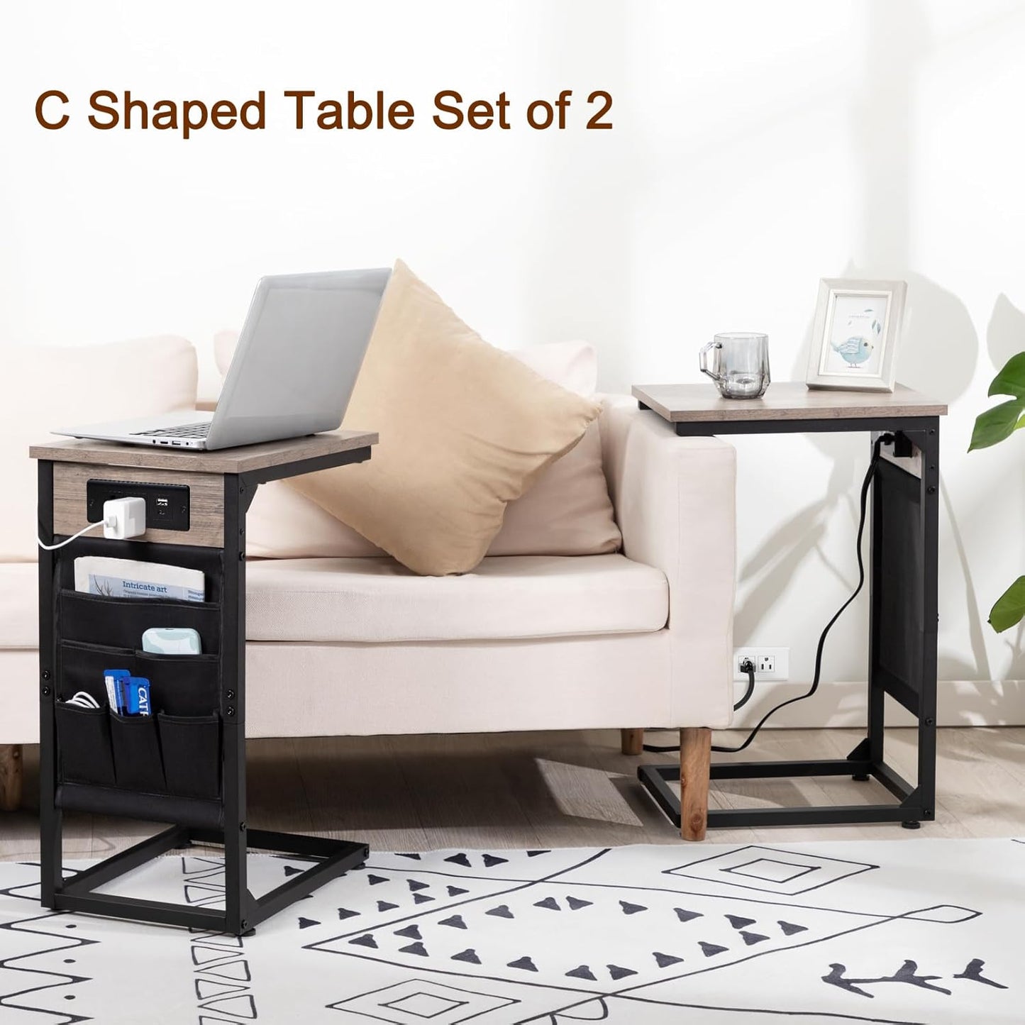 C Shaped End Table with Charging Station, TV Tray Set of 2, Couch Tables with Storage Bag, Slide under Sofa Side Table with USB Ports and Outlets for Living Room, Grey HET04CGY